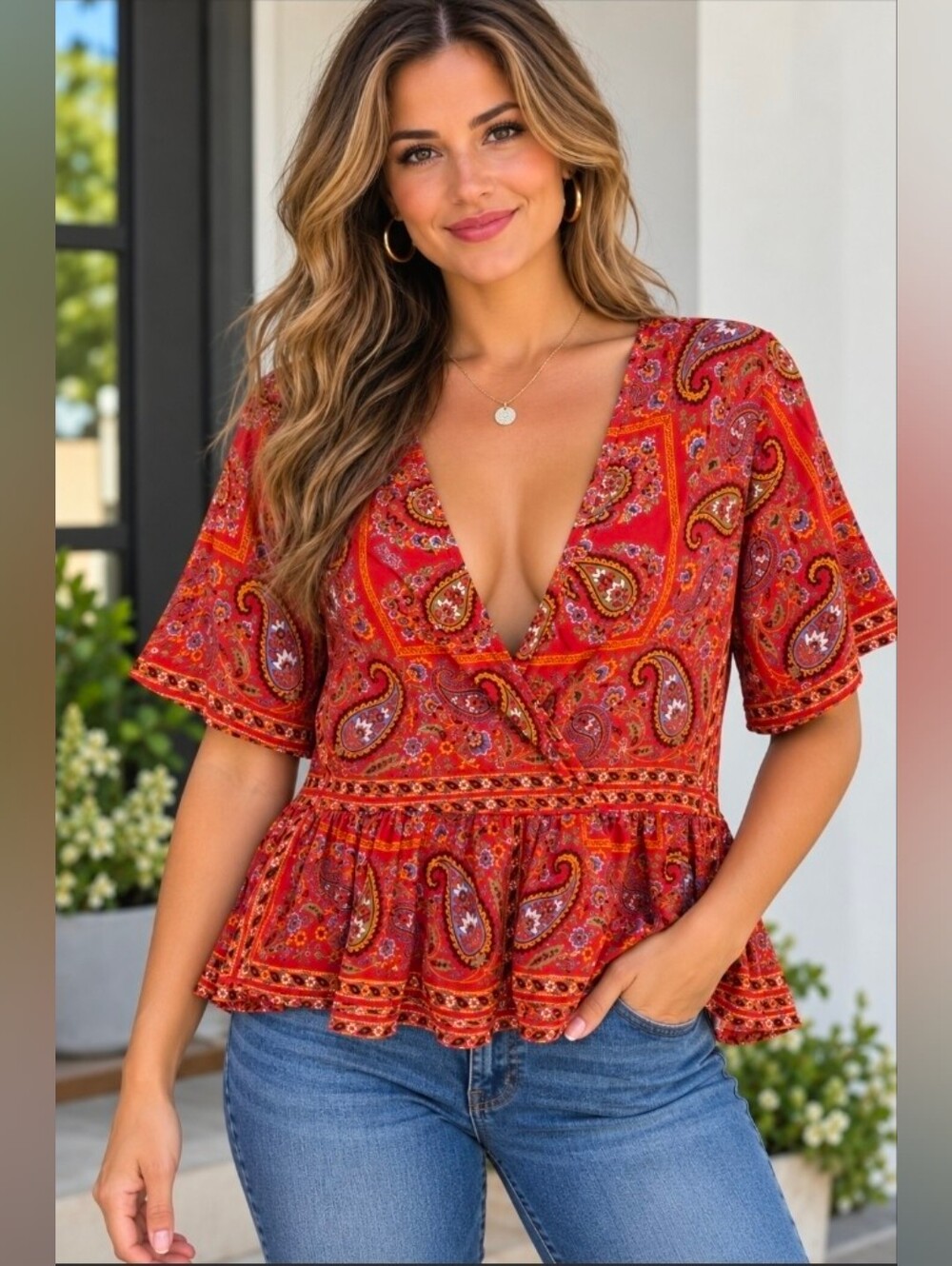 Madewell Women's Red Paisley V-Neck Peplum Top